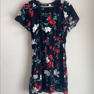 Old Navy Black Floral Short Sleeve Dress with Red & White Flowers